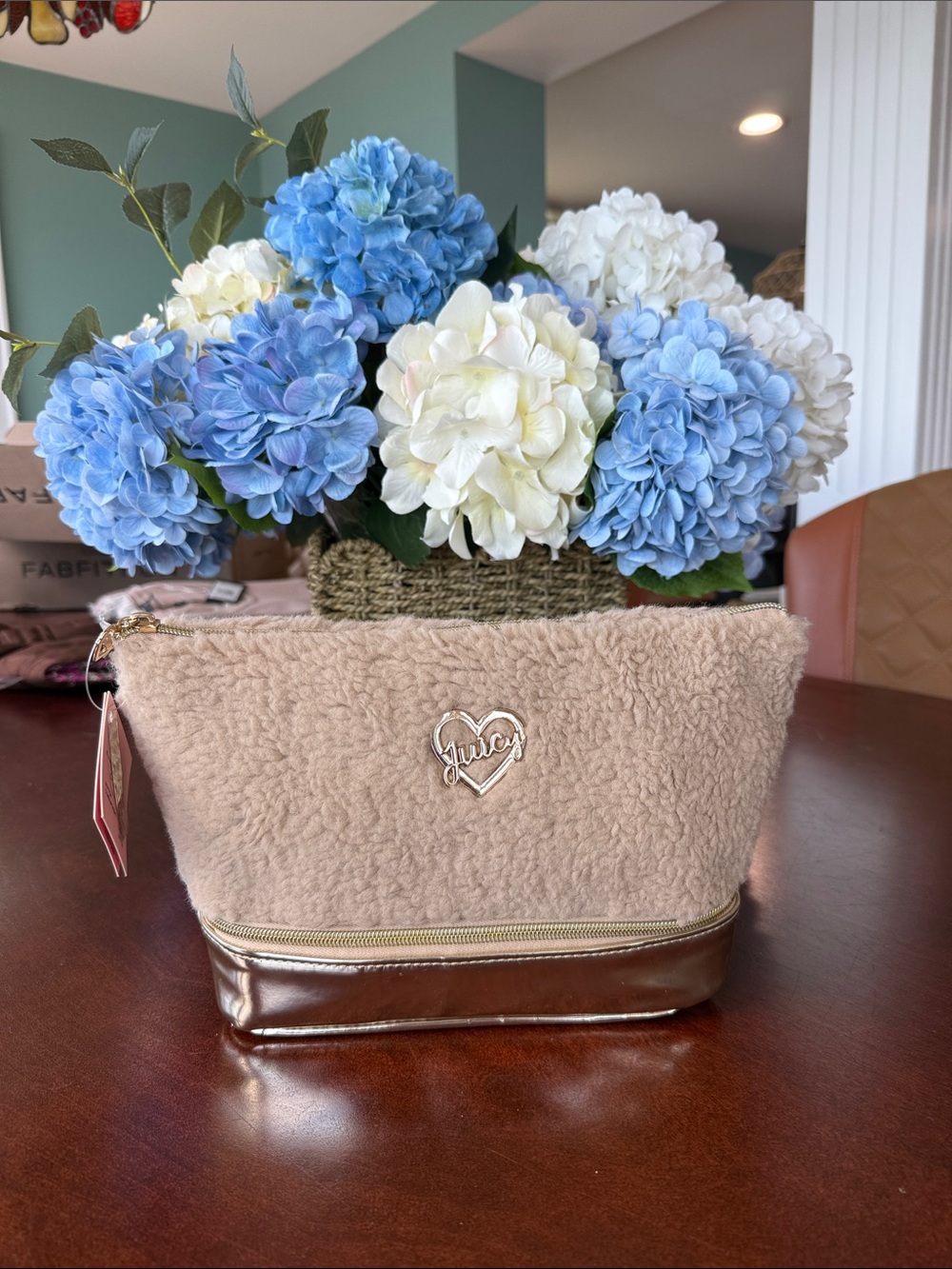 Juicy Couture Beige Sherpa Cosmetic Pouch with Metallic Gold Base